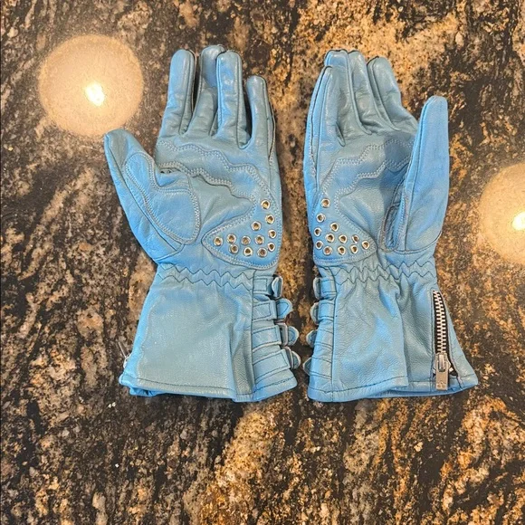 ICON Sky Blue Leather Riding Gloves - Picture 4 of 6